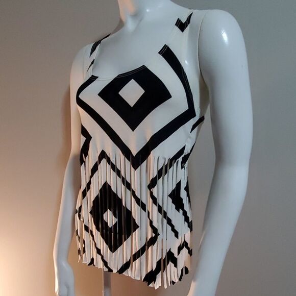 I. Joah Black & White Fringe Tank Top (S) - Picture 1 of 5